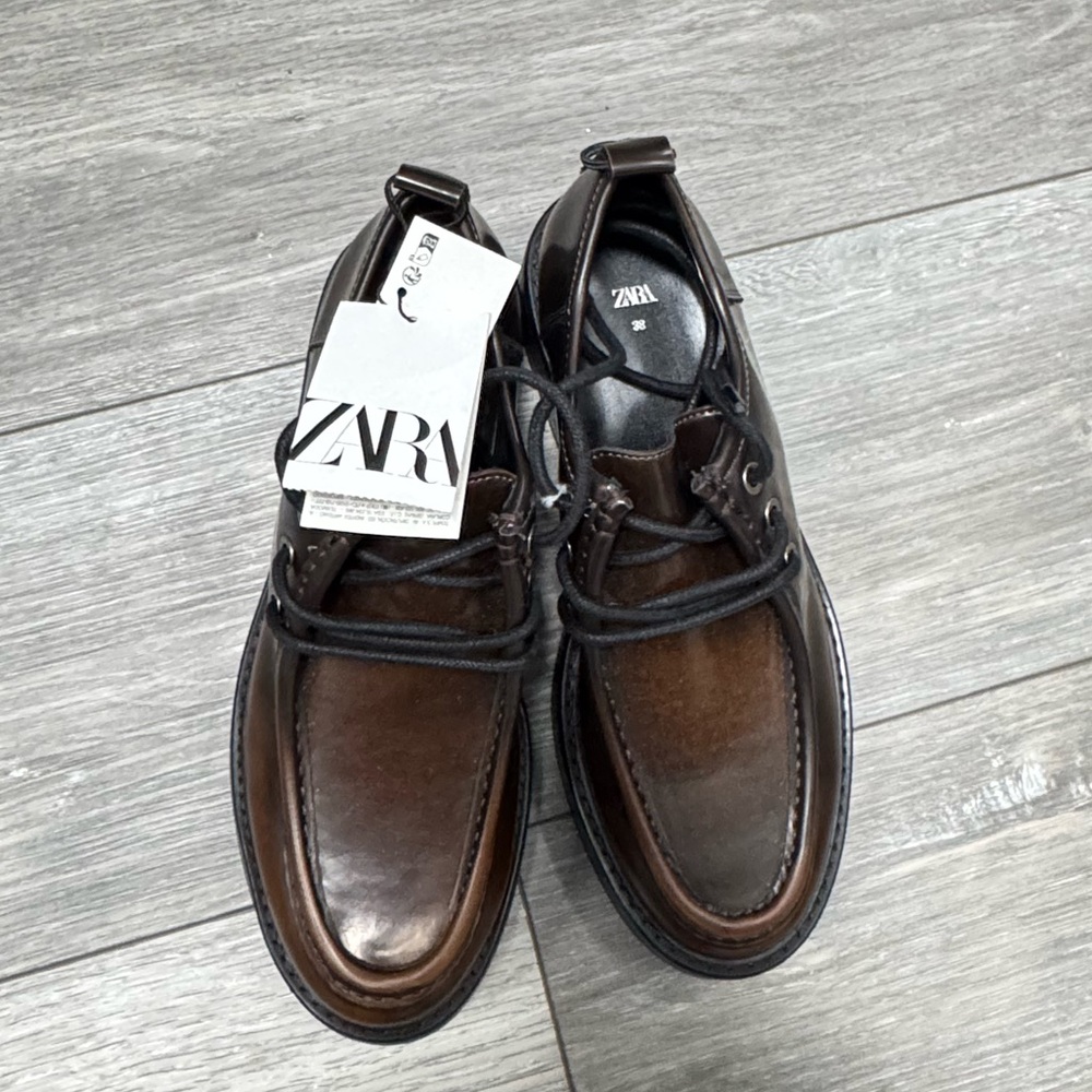 Zara Brown Leather Lace-Up Platform Oxfords - Picture 2 of 5